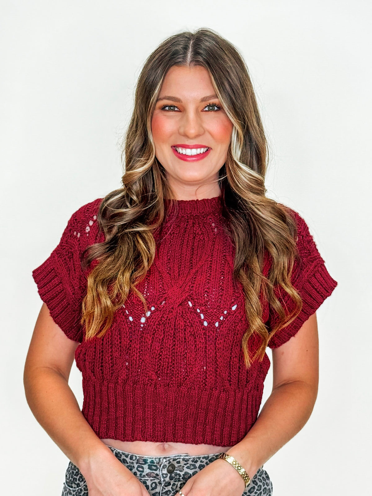 Wine Cable Knit Short Sleeve Sweater