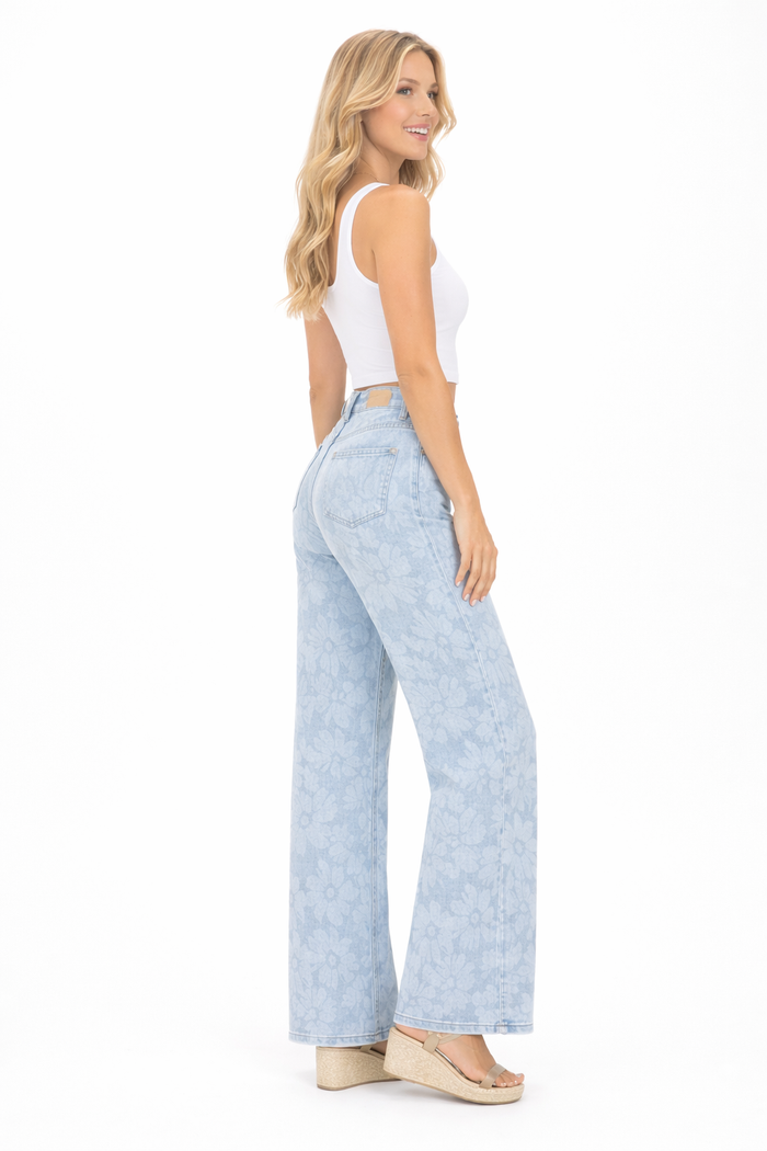 Risen Sunwashed Petal Floral Wide Leg Jeans