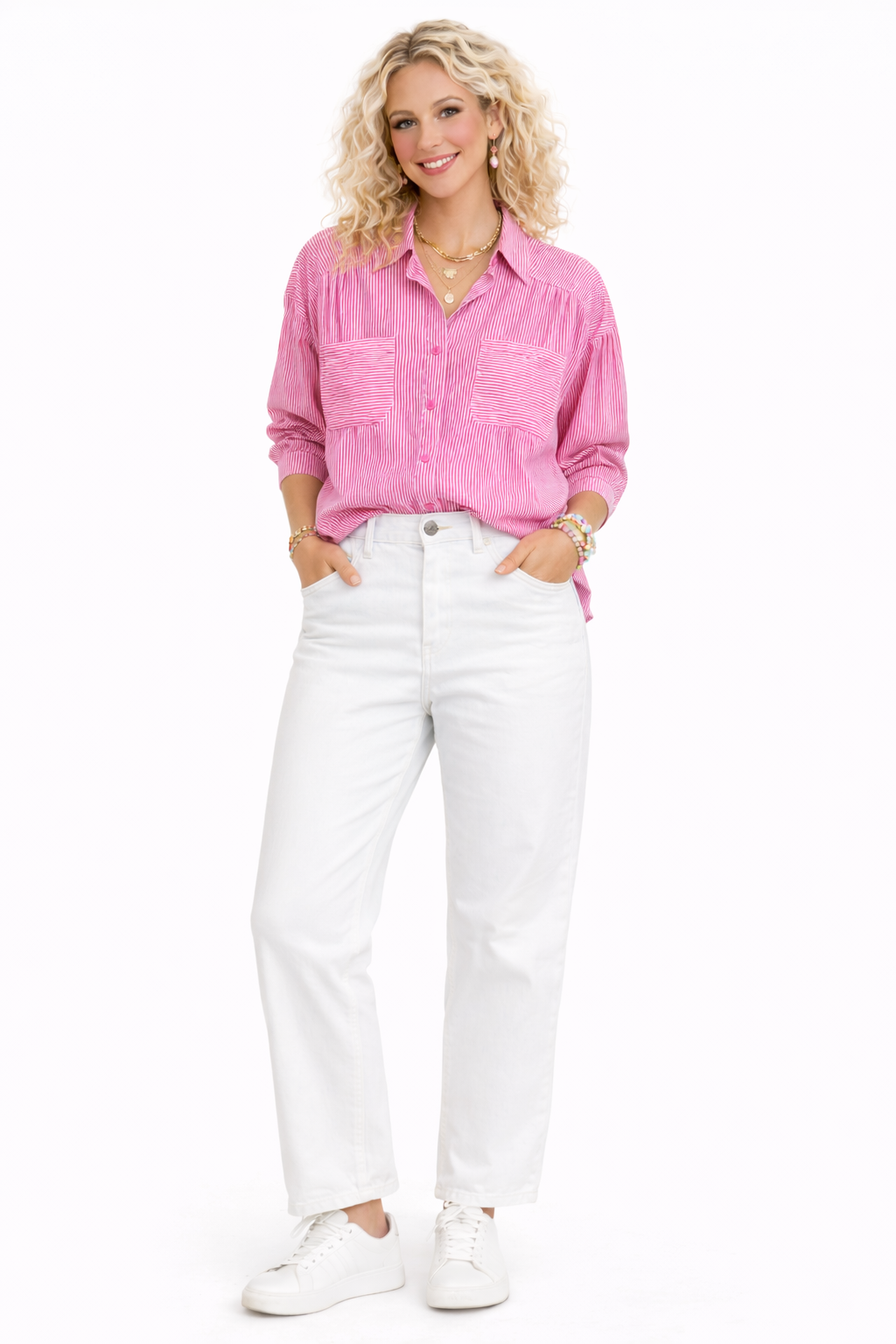 Pink Harbor Stripe Button Down Blouse