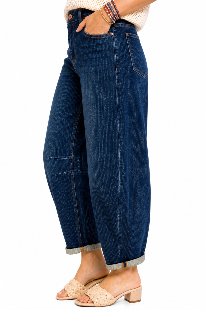 Risen Heritage Barrel Jeans – High Rise Dark Wash Pinstripe Cuffed Denim