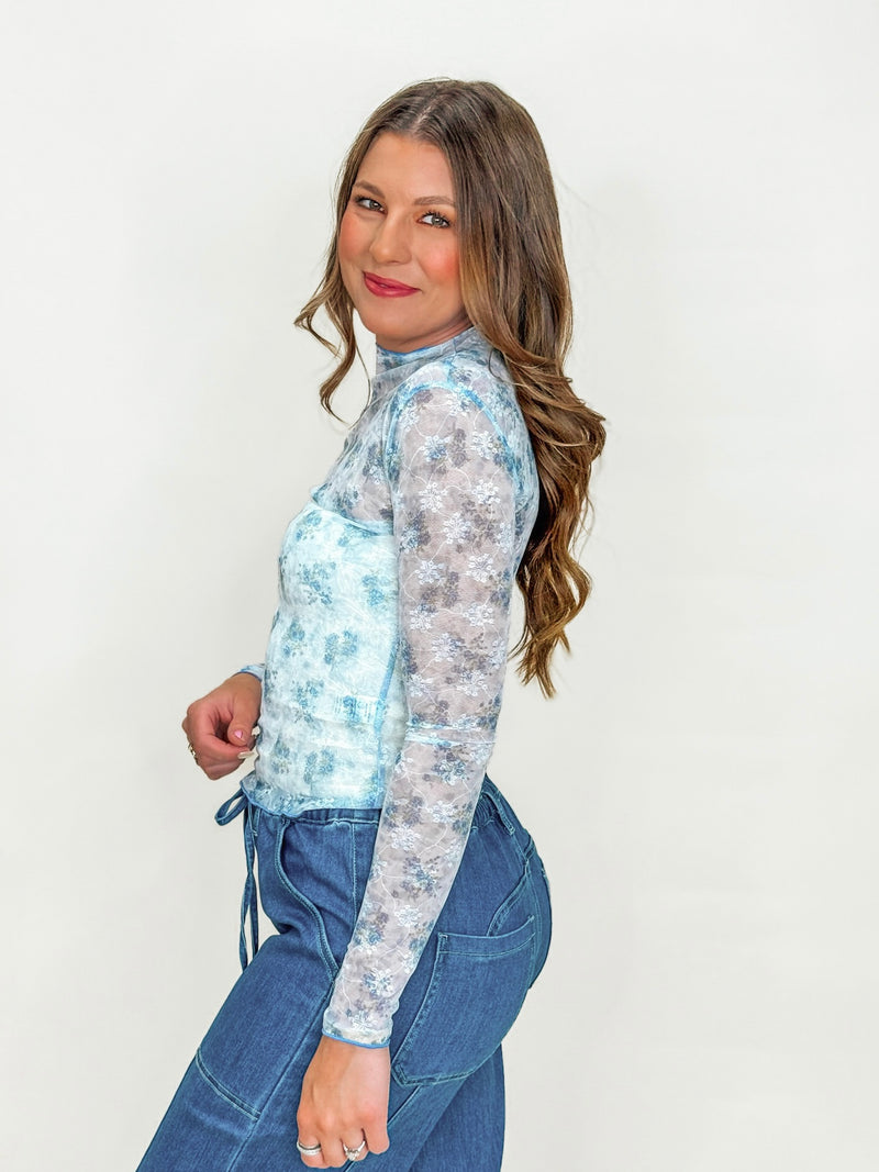 Blue Floral Mesh Long Sleeve Layered Top
