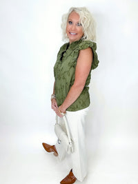 Olive Floral Textured Ruffle Sleeve Button Top