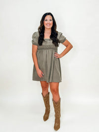 Olive Washed Smocked Puff Sleeve Mini Dress