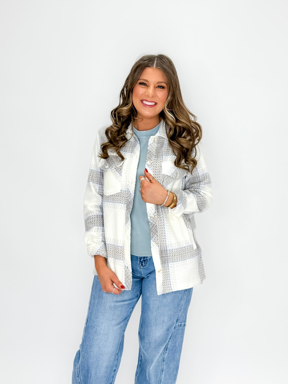 Winter White & Grey Plaid Flannel Jacket