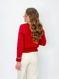 Crimson Floral Embroidered Cardigan Sweater