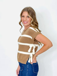 Chestnut and Cream Striped Knit Sweater Top with Side Ties