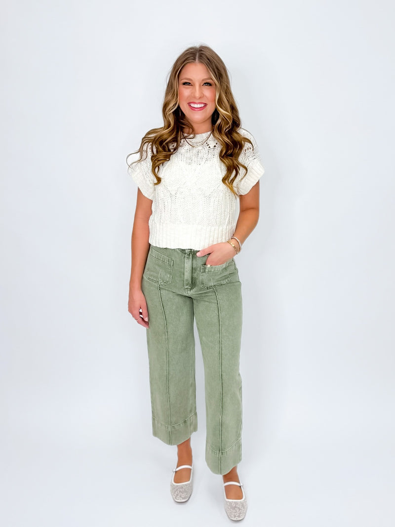 Olive High-Rise Front Seam Wide Leg Jeans