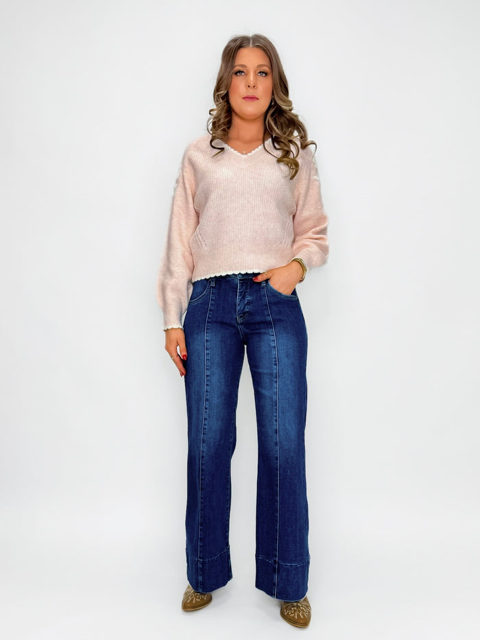 Risen Mid-Rise Ankle Wide Flare Jeans