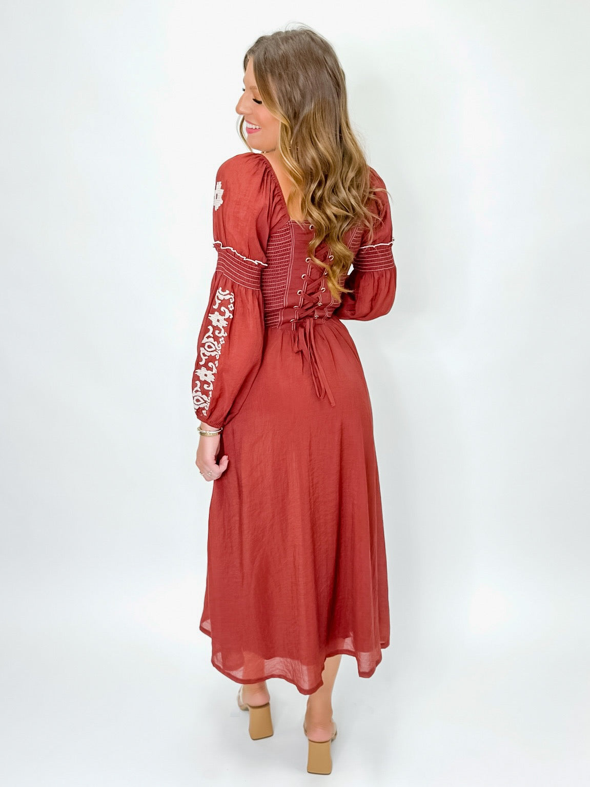Brick Embroidered Long Sleeve Midi Dress with Corset Back