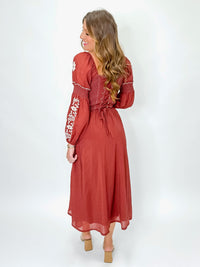 Brick Embroidered Long Sleeve Midi Dress with Corset Back