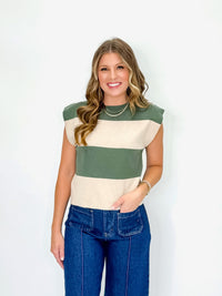 Sage and Oatmeal Striped Knit Shoulder Pad Top