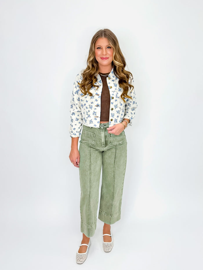 Cropped Cream Denim Jacket with Blue Floral Print
