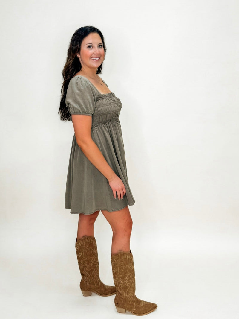 Olive Washed Smocked Puff Sleeve Mini Dress