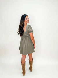 Olive Washed Smocked Puff Sleeve Mini Dress
