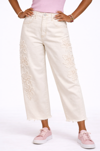 Risen Ivory Embellished Barrel Jeans
