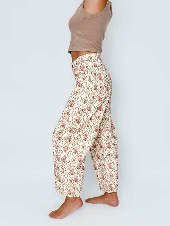 Corded Floral Barrel Jeans in Cream
