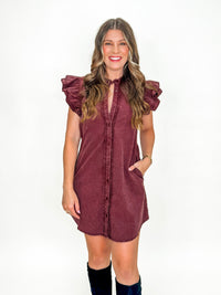 Wine Ruffle Sleeve Button Front Dress