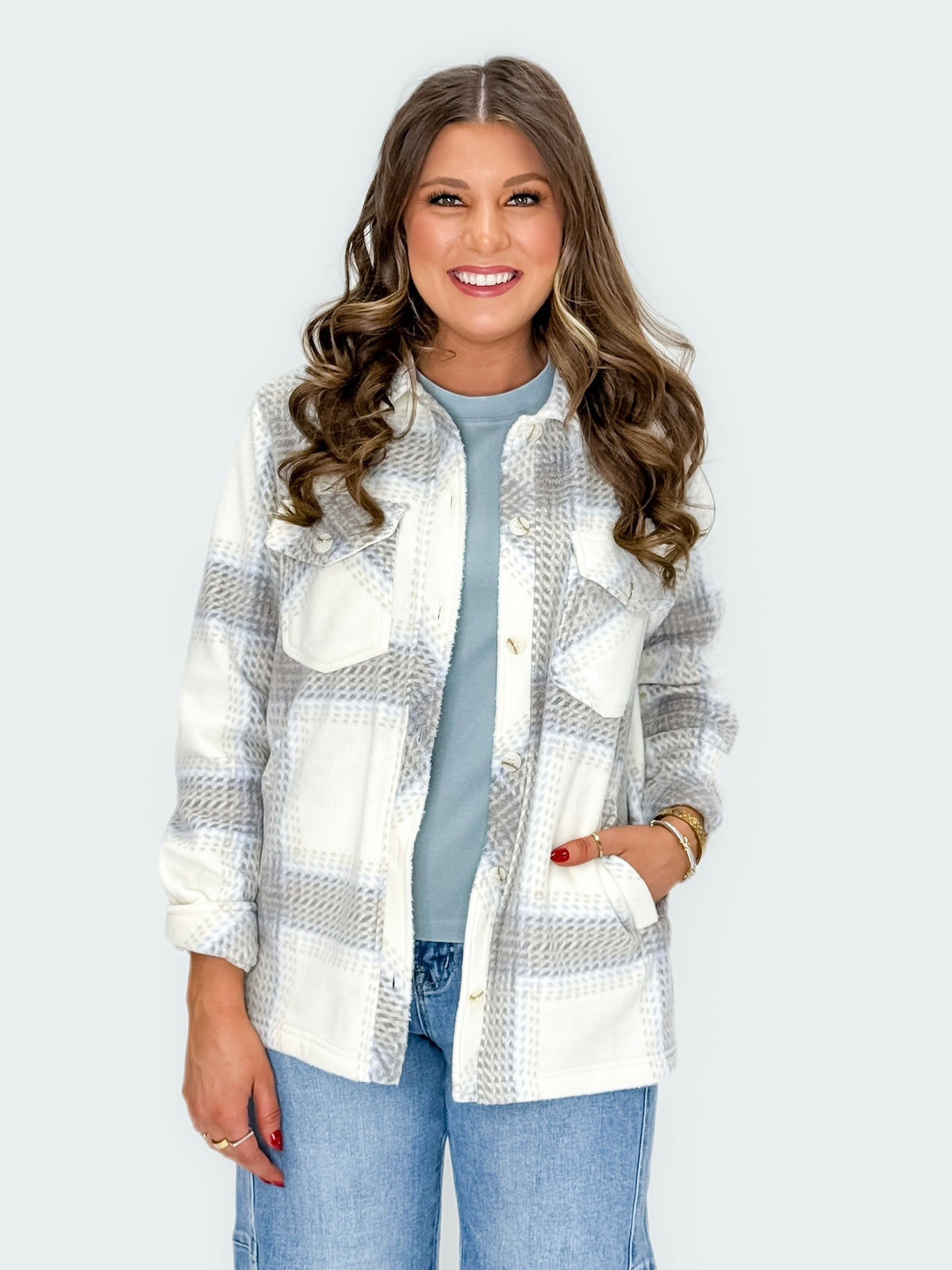 Winter White & Grey Plaid Flannel Jacket