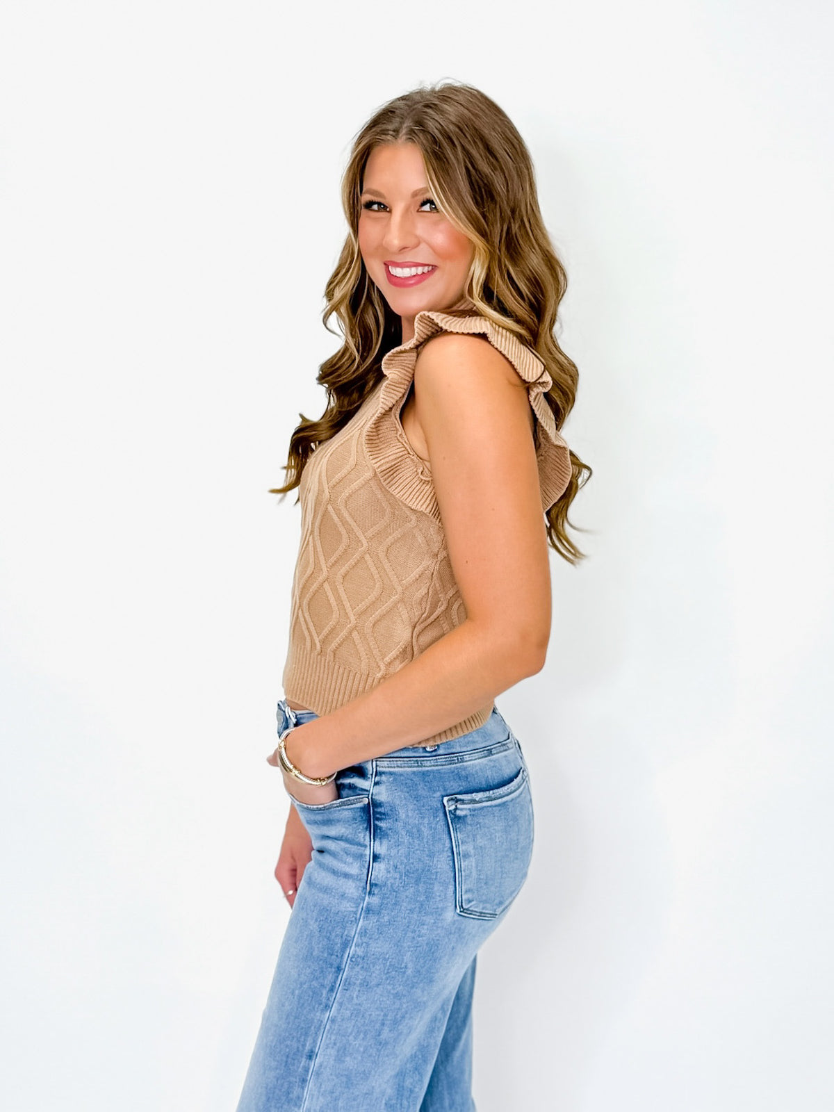Camel Diamond Knit Ruffle Sleeve Sweater Tank