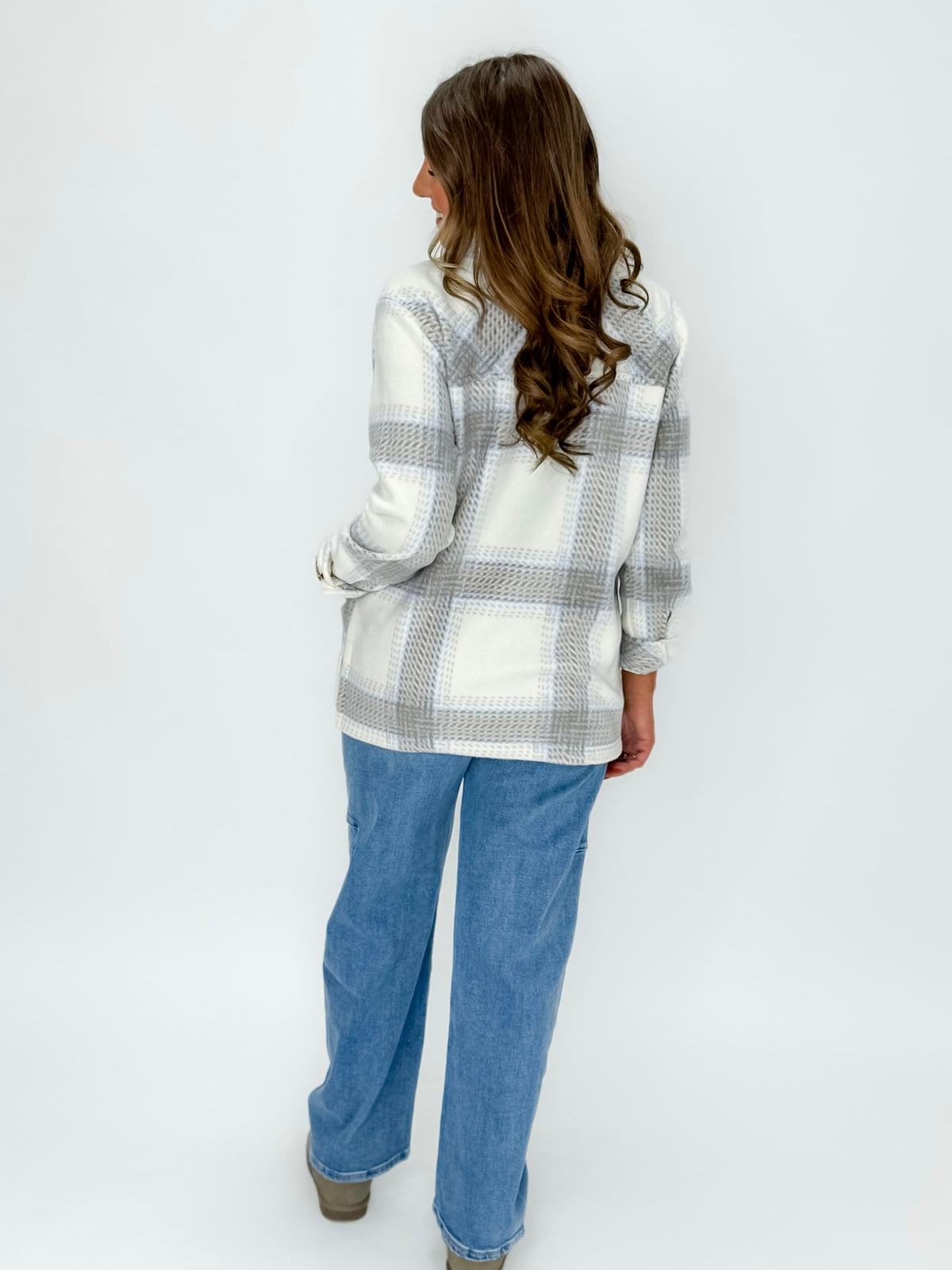 Winter White & Grey Plaid Flannel Jacket