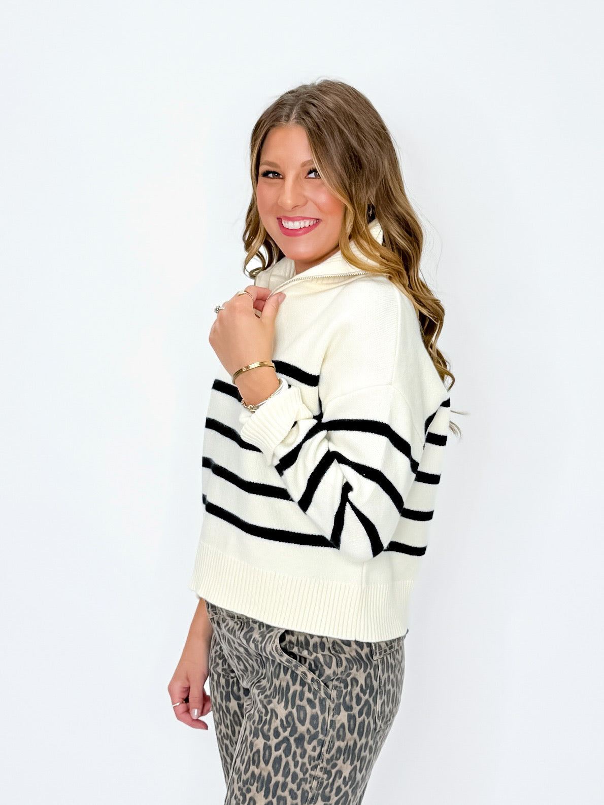 Black and Cream Striped Quarter Zip Sweater