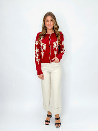 Crimson Floral Embroidered Cardigan Sweater