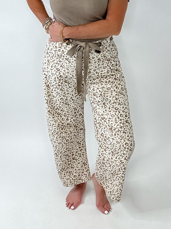 Cream & Taupe Leopard Print Wide Leg Denim Jeans