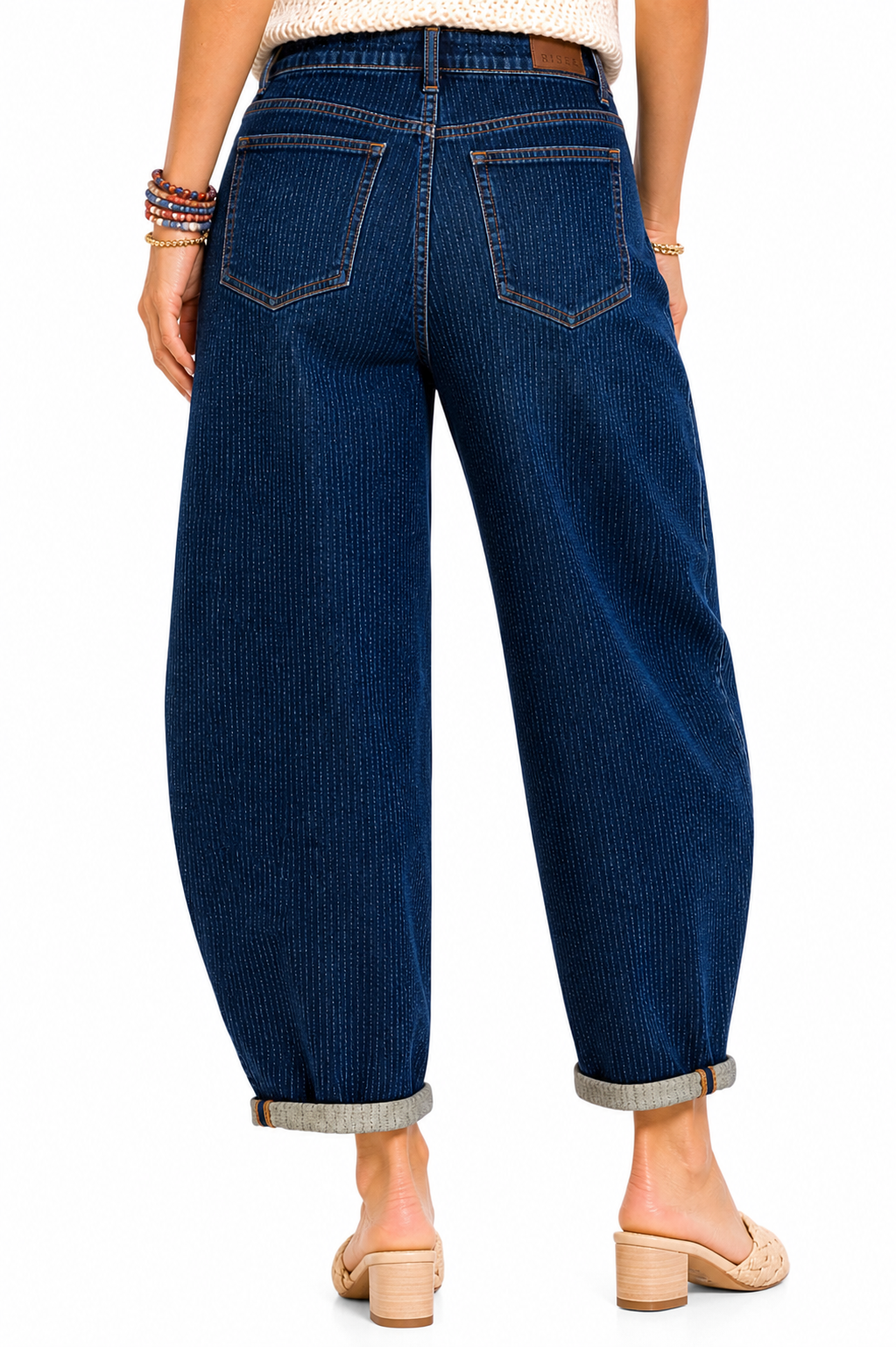 Risen Heritage Barrel Jeans – High Rise Dark Wash Pinstripe Cuffed Denim