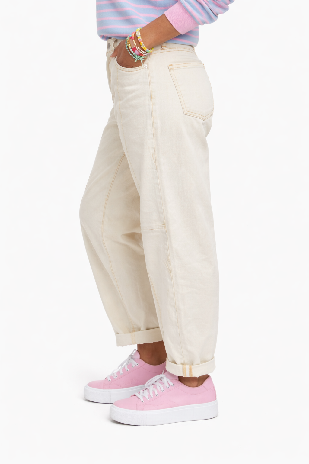 Risen  High Rise Cream Barrel Jeans with Topstitching