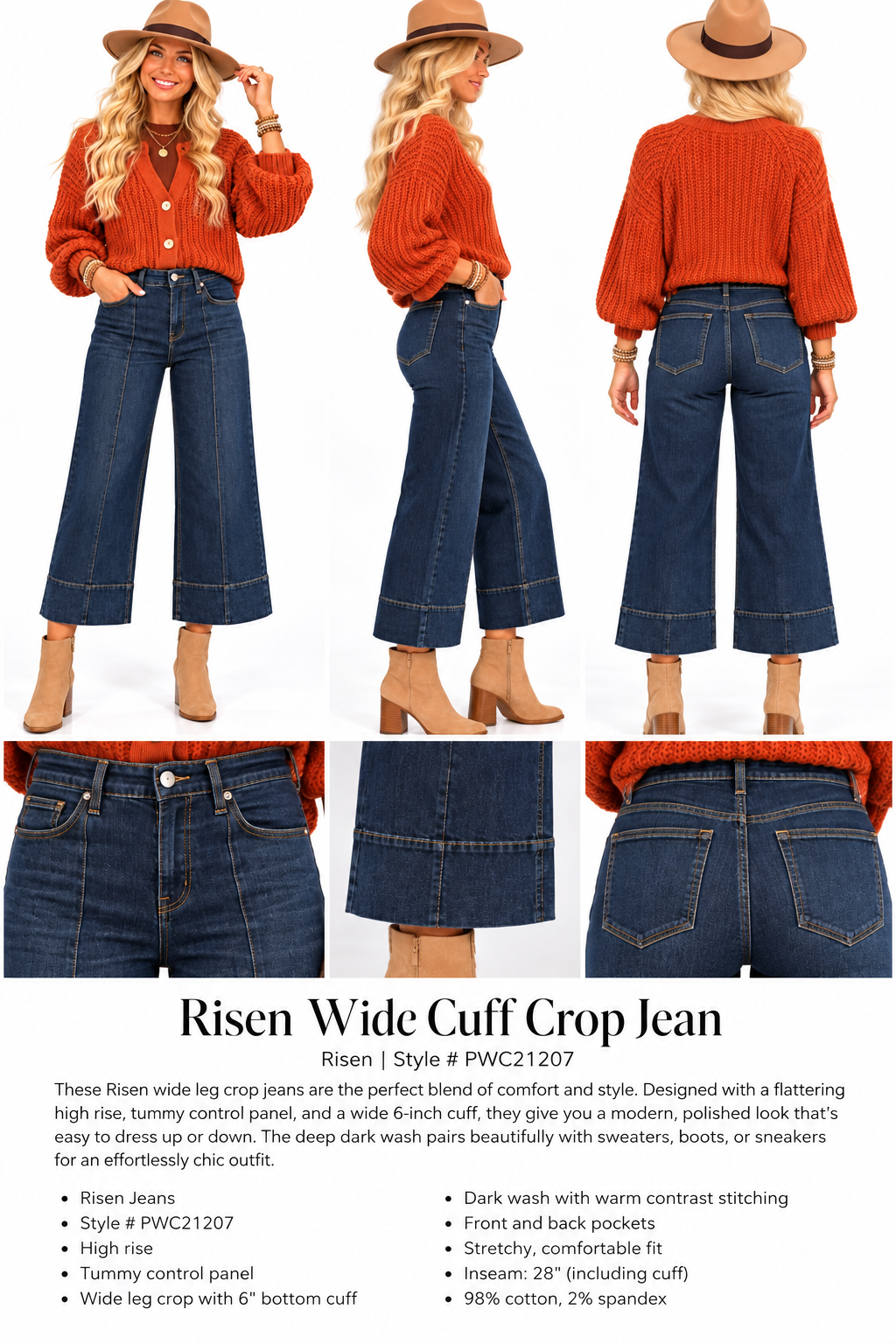Risen Samantha Tummy Control Wide Cuff Cropped Jeans – Dark Wash