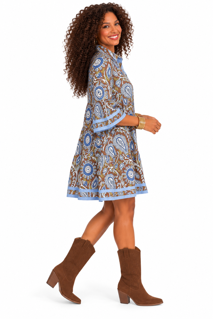 Melissa Paisley Print Dress – Chocolate Brown & Blue