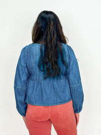 Washed Denim Pleated Front Tie Flare Top