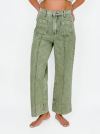 Olive High-Rise Front Seam Wide Leg Jeans