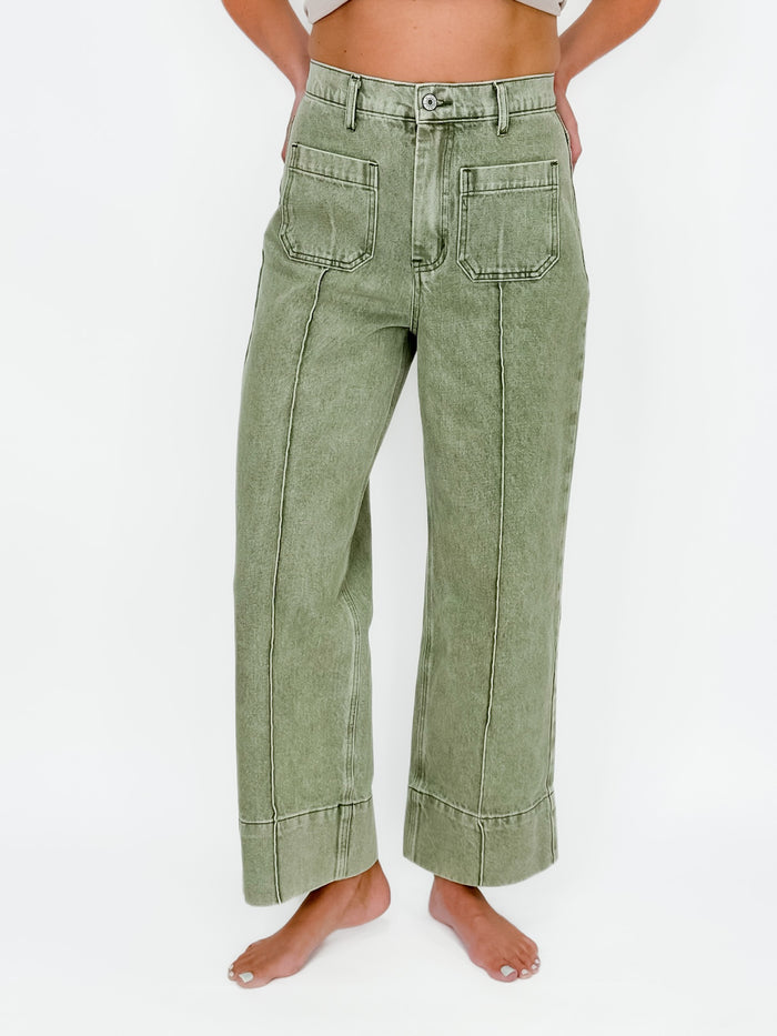Olive High-Rise Front Seam Wide Leg Jeans