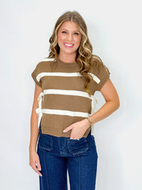 Chestnut and Cream Striped Knit Sweater Top with Side Ties