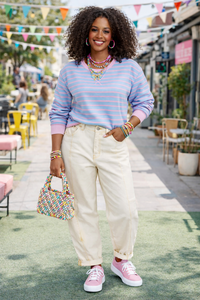 Risen  High Rise Cream Barrel Jeans with Topstitching