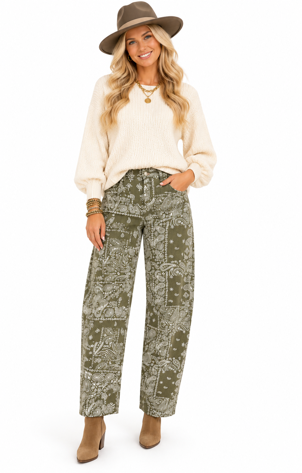 Allison Olive Green Paisley Barrel Jeans