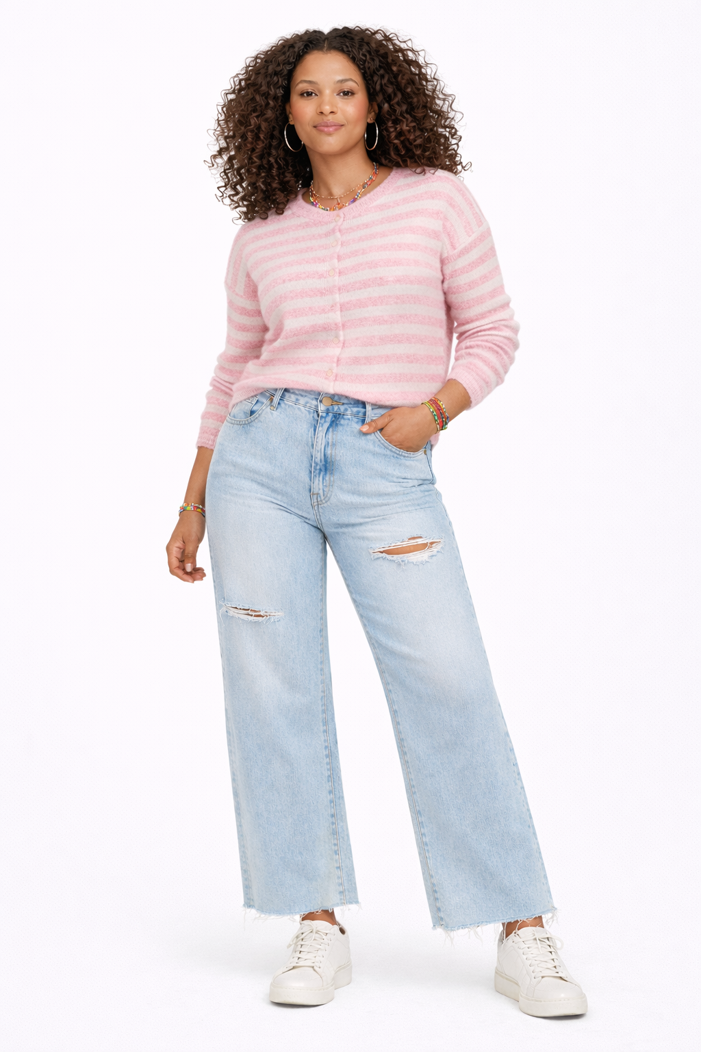 Mica Tropical Light Wash High-Rise Distressed Wide Leg Jeans