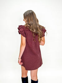 Wine Ruffle Sleeve Button Front Dress