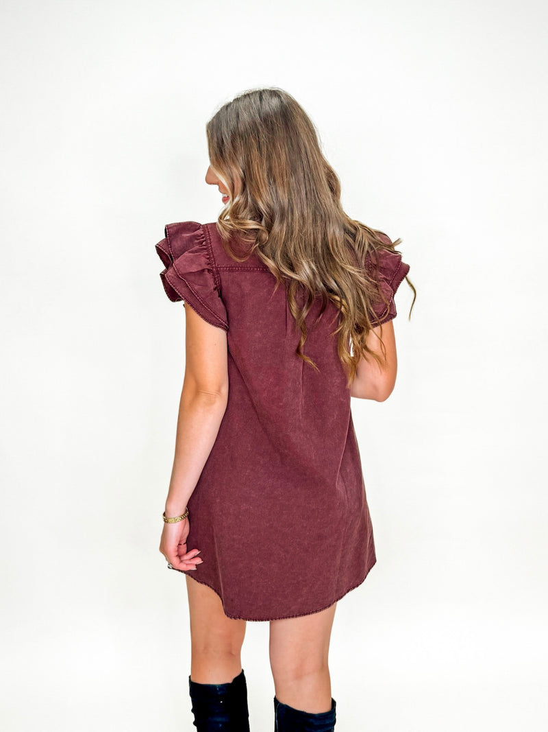 Wine Ruffle Sleeve Button Front Dress