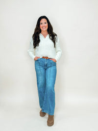 Ivory Textured Knit Collared Sweater