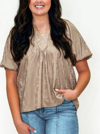 Latte Satin Jacquard Puff Sleeve Top