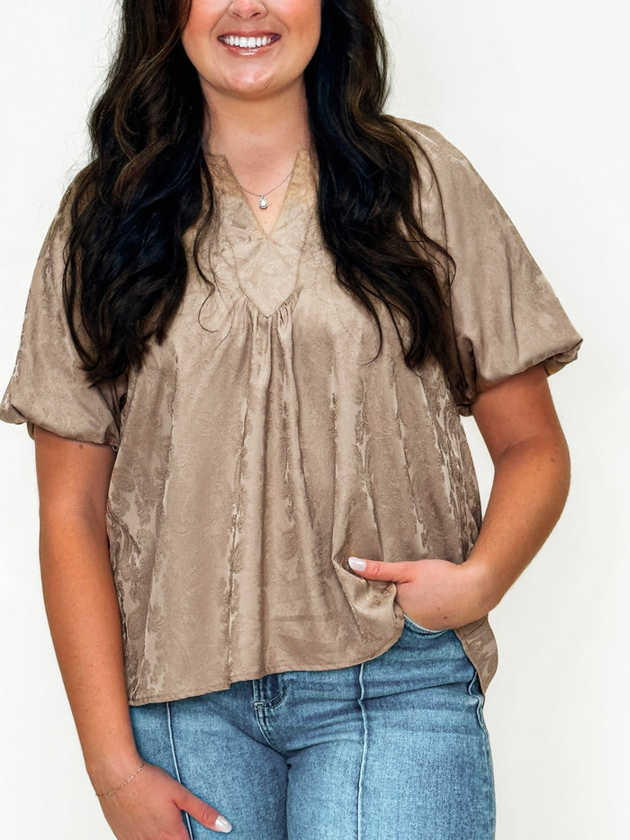 Latte Satin Jacquard Puff Sleeve Top
