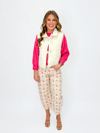 Corded Floral Barrel Jeans in Cream