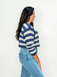 Striped Exposed Seam Cropped Sweater – Denim Blue & Gray
