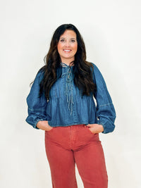 Washed Denim Pleated Front Tie Flare Top