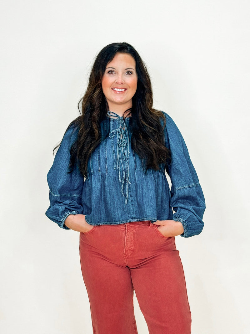 Washed Denim Pleated Front Tie Flare Top