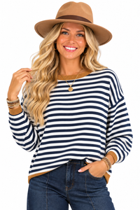 Rebecca Striped Sweater – Navy & Camel