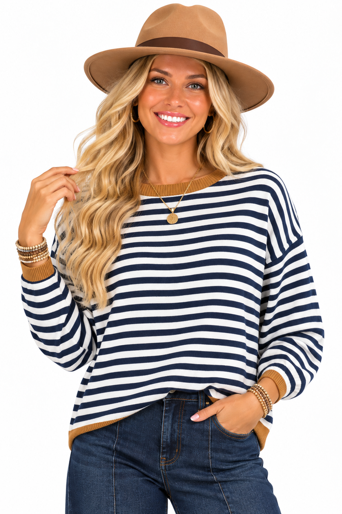 Rebecca Striped Sweater – Navy & Camel