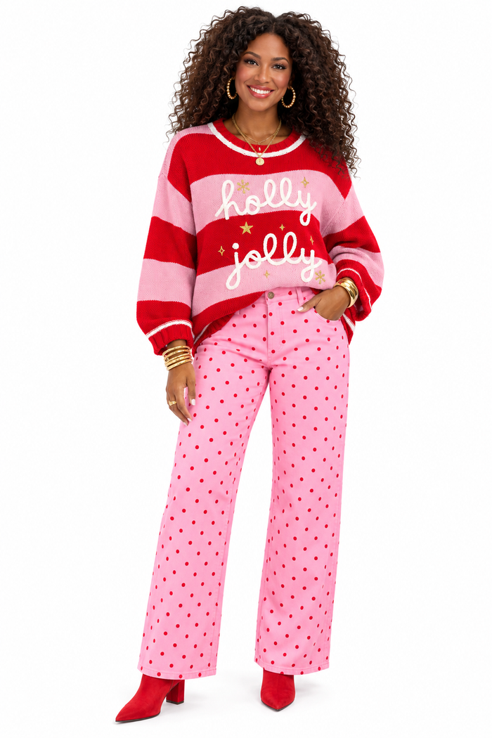 Natalie Holly Jolly Oversized Christmas Sweater – Red & Pink